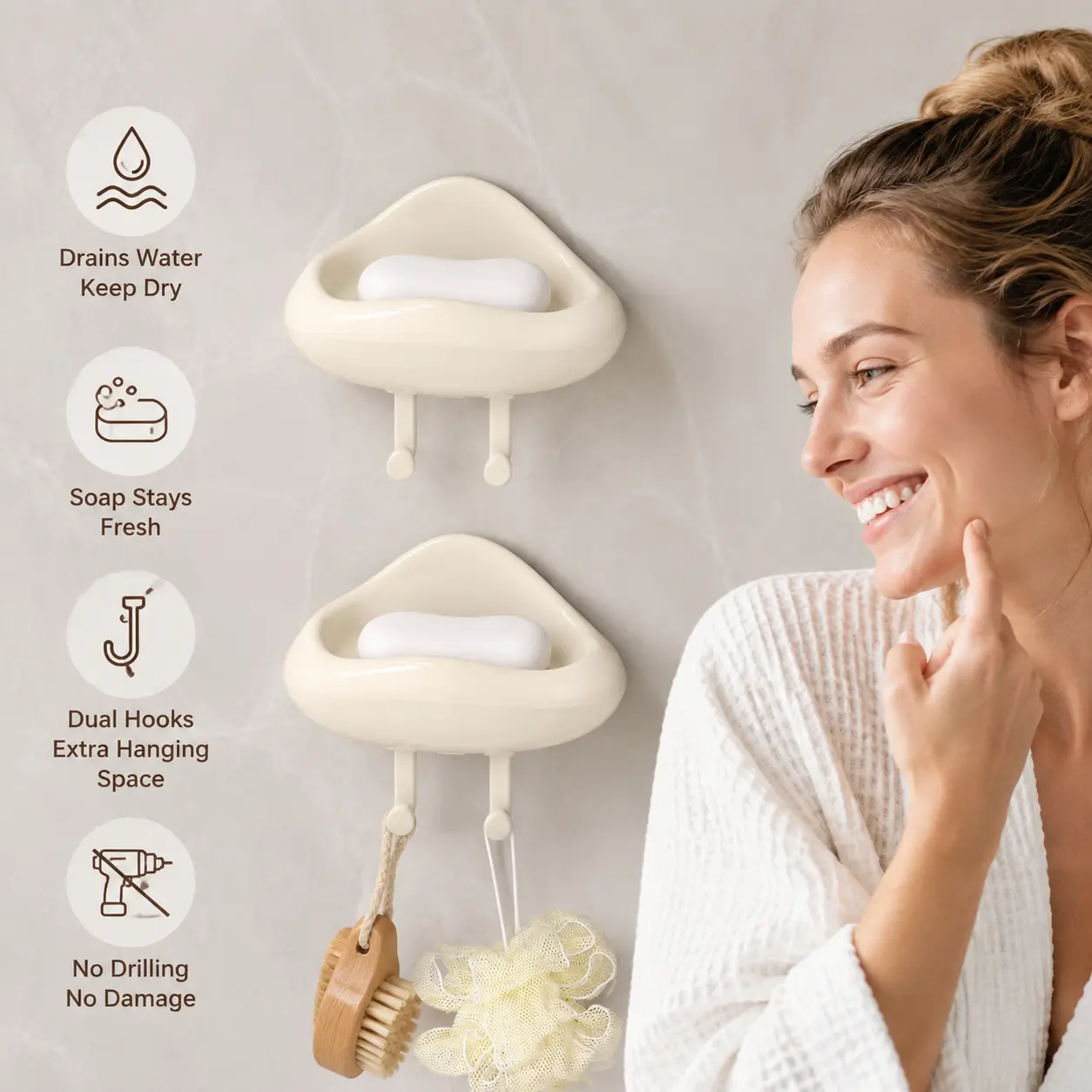 1 Count Wall Mounted Soap Dish with Double Hooks, Drainage Design, No Drilling Adhesive Back for Bathroom Shower and Kitchen Use