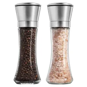 2pcs Premium Pepper Grinder Set, Stainless Steel Grater with Glass Body, Adjustable Rotor, Salt & Pepper Shakers for Kitchen BBQ Parties