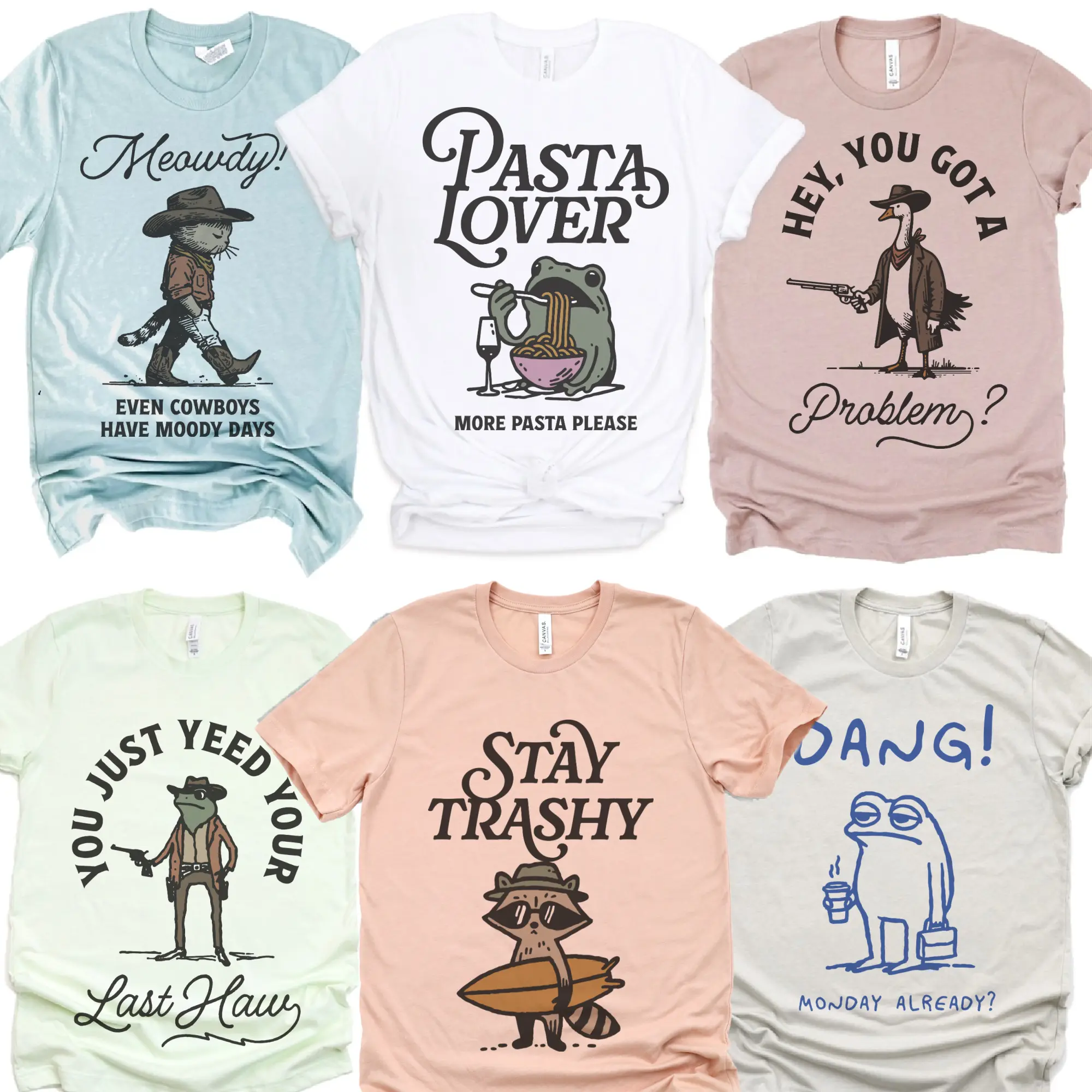 Relatable Animal Tshirts Funny Animal Tees Stay Trashy Racoon Top Pasta Lover Frog T-Shirts Cowboy Cat Top Monday Blues Frog Tee Sarcastic Animal Tees