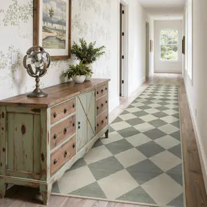 Checkered Print Runners for Hallways Non Slip 2.5x12, Green Ultra Thin Washable Runner Rug Neutral Long Rugs for Hallway, Moroccan Plaid Floor Carpet for Kitchen, Modern Gingham  Decor
