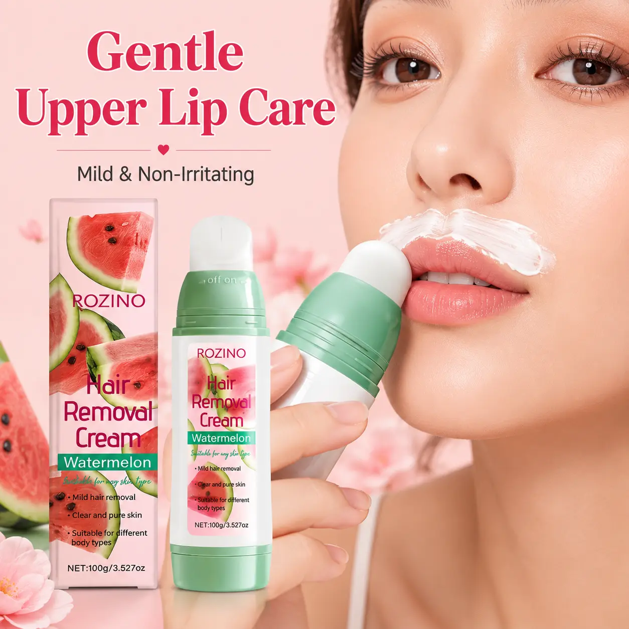 ROZINO Watermelon Hair Removal Cream 100g - Gentle Hair Remover for Women & Men, Easy Roll-On Application, Smooth Skin Care for Legs, Arms, Bikini Area & Face