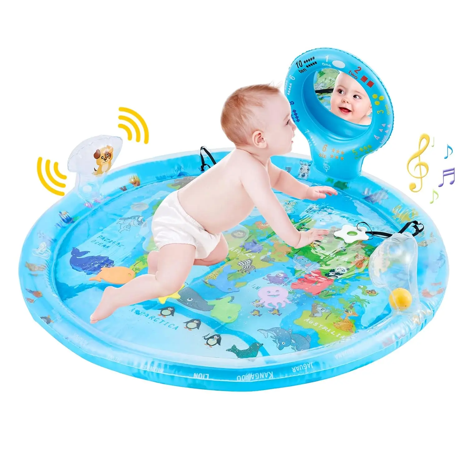 Extra Large Tummy Time Water Playmat, Inflatable Sensory Activity Center for Unisex Baby 0-3 Years with Body Mirror, Maracas, and Chewable Teethers Toys, Flip-Up Mirror