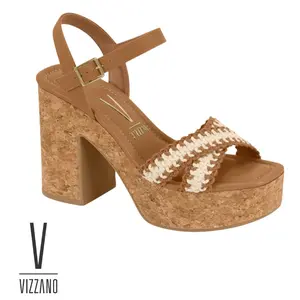 Vizzano Boho Cork Platform Heels - Braided Strap Chunky Sandals for Women Retro Cork Block Heels Stylish Woven Cork Platform Sandals Trendy High-Heel Summer Shoes Classic Black & Warm Caramel