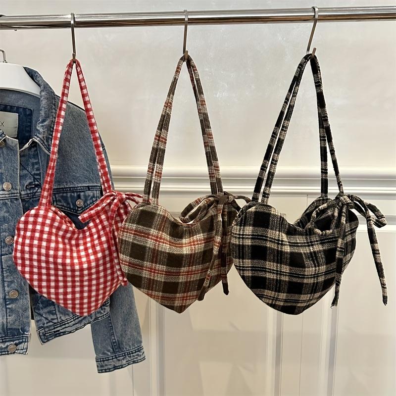 Women's Heart-Shaped Crossbody Bag with Bow and Checkered Pattern - Minimalist Handbag, Fixed Strap Magnetic Closure, Red - Elegant Daily Wallet, Bag, Versatile Fashion Accessory, Durable Fabric shoulder bags Large Soft Color Suede Kisslock Barrel