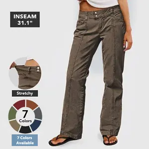 Flamingals 	Mid Waist Seam Detail Straight Leg Pants Women's Stretchy Fabric Multicolor Flattering for All Body Types Fit Casual
