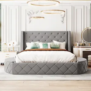Velvet Queen Storage Bed Frame, Deluxe Upholstered Platform Bed with Wingback Headboard and 1 Big Drawer, 2 Side Storage Stool, No Box Spring Needed/ Easy Assembly