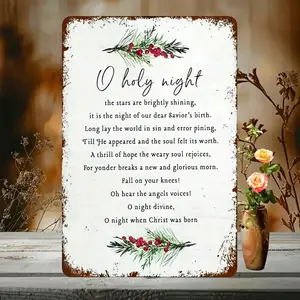 [2D Flat Christmas Wall Decor] 1pc 8x12 Inch Religious Aluminum Sign - "O Holy Night" Scripture Design with Pine Branches & Red Berries, Rustic Vintage Metal Wall Art for Home, Church, or Holiday Display |   Durable Faith-Inspired Decoration