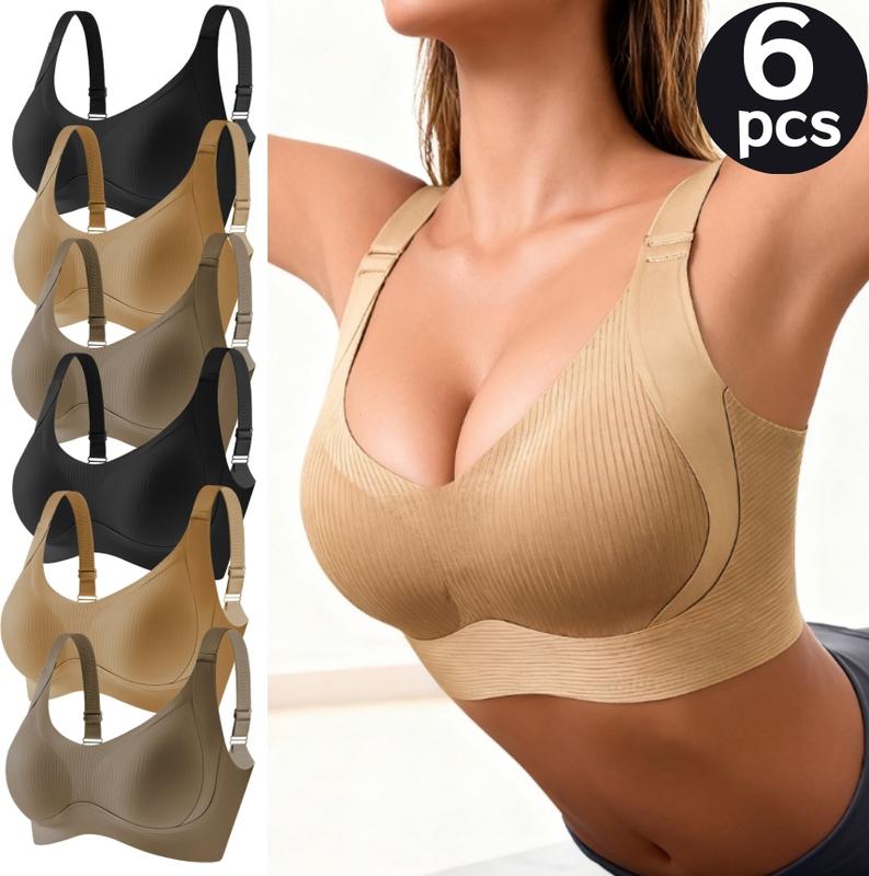 QQ Women's 6 - Pack Cohesive Wireless Seamless Bra, Flexible & Properly Breathable, Great for Daily Routine, Yoga, Lounge, Weekend Relaxation, Popular Pick 2025 Womenswear Everyday Bridal 6-Pack Set Basic Minimalist