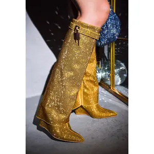 Crara Fold Over Rhinestone Boots - Gold Shoe Girl