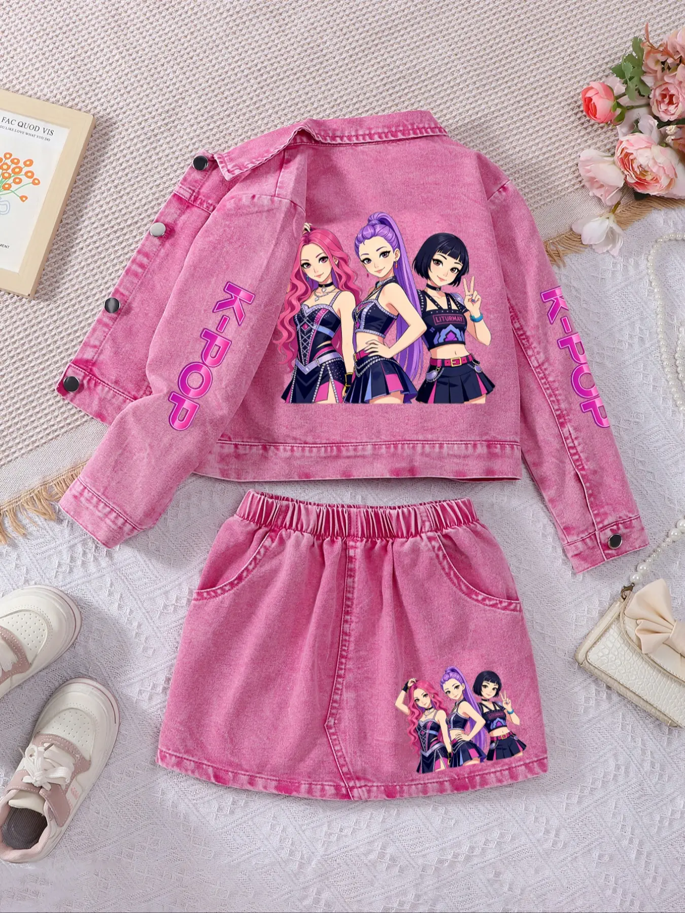 Girls' K-Pop Idol Style Two-Piece Set, Short Jacket + Elastic Waist Skirt, Graphic Print Set, Matching Set, Y2K Fashion, Perfect for School, Travel, Outdoor Activities