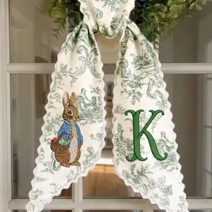 Personalized Easter Wreath Sash, Bunny Toile Monogram Door Hanger, Spring Décor