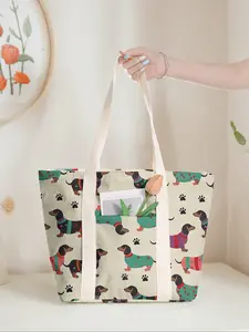 Dog Print Large Capacity Stylish Tote Bag, Casual Commuter Shoulder Backpack with Zipper Closure, Ideal for Gym Beach Work Travel, Fashionable Patterned Bag