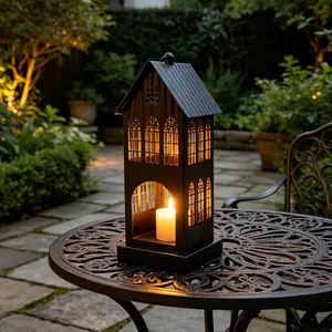 Decorative Gothic Candle Lantern, 4x4x10 Inch Black Metal Candle Holder with Hanging Ring, Tabletop & Hanging Dual-Use Candle Lantern for Home, Garden, Patio Decor, Home Accessories