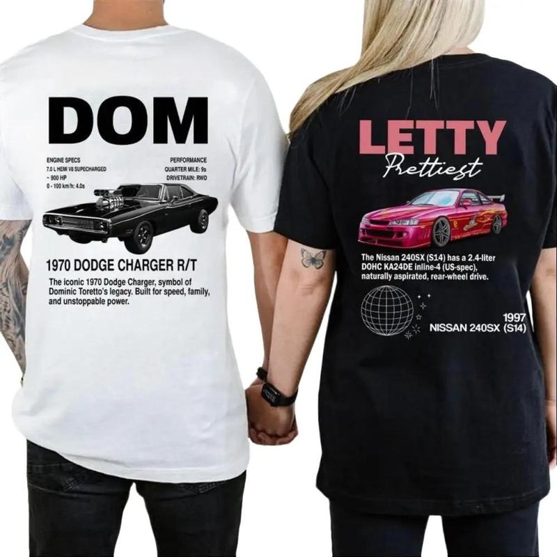 Double-sided Letty & Dom car enthusiast couple T-shirts, sweatshirts, and hoodies, perfect gifts for couples, unisex car movie sets, creative Valentine's Day gifts, and an excellent choice for couples.