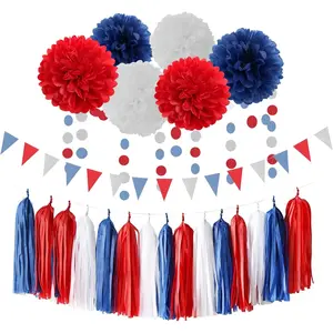 4th of July Independence Day Party Decorations - 23 red, white, and blue graduation banners, American patriotic tassel wreath ribbons, paper ball decorations, American Independence Day decorations, lasting surprises.