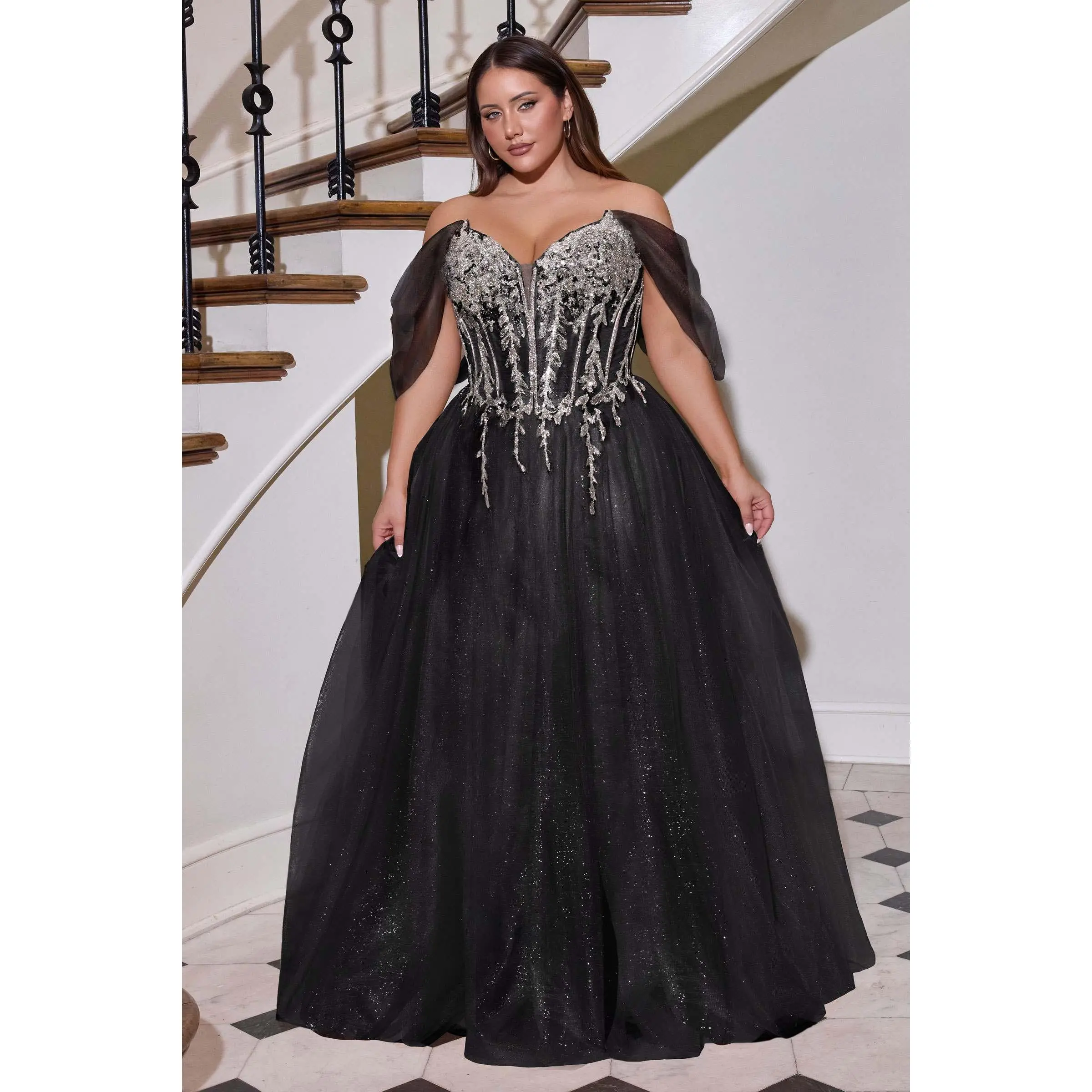Ladivine CD721C Women's Plus Size Strapless Sweetheart Formal A-Line Gown - Crystal-Embellished Corset, Glitter Tulle Fabric, Elegant Fit Evening Dress, Elegance, Black/Silver, Sequin, Sexy, Skirt, Lace Up, Layered, Full Length, Prom, Tulle Layers, Corset