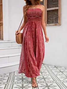 Spring Summer Boho Halter Romper, Beach Vacation Essential Beachwear, High Waist Loose Fit, All over Print, Casual Style