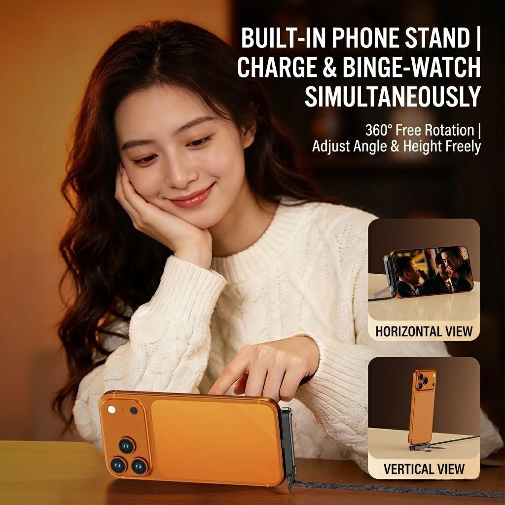 Invisible Stand Type-C Charger Cable, 240W Super Fast Charging 2-in-1 Charging Cord & Phone Holder for Gaming, Office, Car Travel – Black