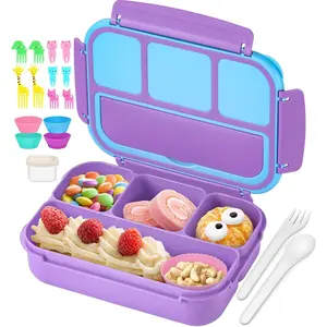 Bento Lunch Box for Kids and Adults, 4 Compartments with Sauce Container, Utensils, Food Picks, Muffin Cups - Perfect for School, Work, Picnic - Purple