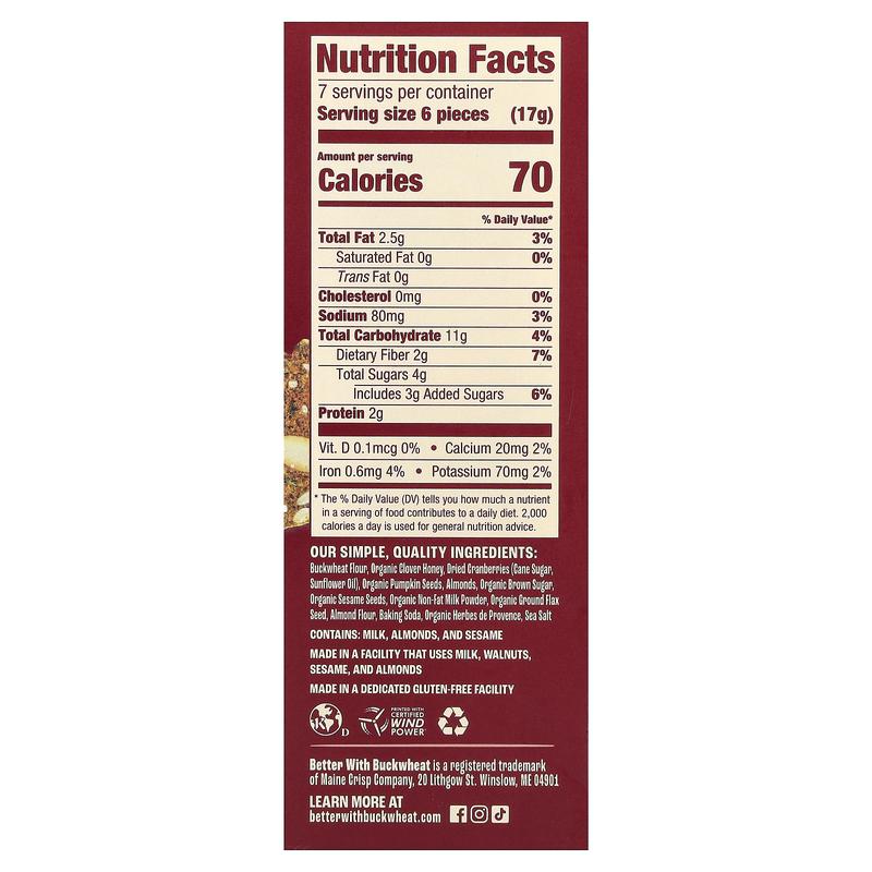 Better with Buckwheat Maine Crisps Snackable Crackers, Cranberry Almond, 4 oz (113 g)