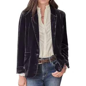 Casual 1 Button Velvet Jacket Women Velvet Cardigan Blazer Office Work Short Coat Suit Jacket with Pocket
