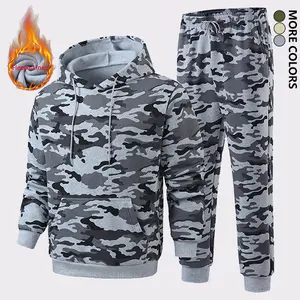 Men's Autumn Winter Fashion Camouflage Set, Daily Casual Street Vintage Style Hoodie and Joggers Two-Piece Thick Warm Sweat-Absorbing Breathable Fabric, Essential Outdoor Fall Winter Mountaineering Camping Sports Suit