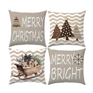 4pcs, Christmas Throw Pillow Covers Set,  Decorative Pillowcases with Vintage Grey and Brown Holiday Illustrations,  for Living Room, Sofa, Bedroom Decor, Single-sided Printing, Without Pillow Core
