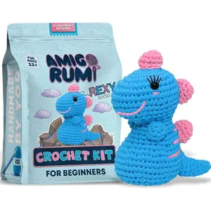 Cute Dinosaur Beginners Crochet Kit - Learn How to Crochet Starter Kit - 3+ Hours of Video Tutorials & Crocheting Book - Easy to See Yarn - Amigurumi Stuffed Animal for Kids 12+ & Adults