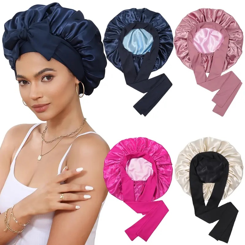 Navy Blue Double-Layer Long Satin Bonnet Sleep Cap Adjustabl  display picture 1