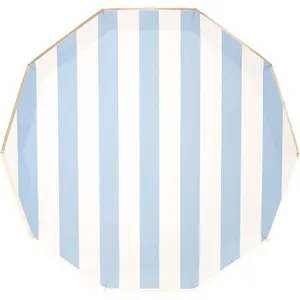 Sky Blue Signature Cabana Stripe Large Disposable Paper Dinner Plates 10.75 Inch Blue Striped Party Plates for Birthday Baby Shower Summer Party Tableware 8 Pack