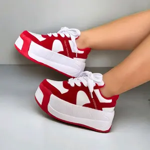 YAYA Women's Red & White Platform Sneakers with Heart Design Comfortable Lace-Up Shoes for Casual Wear Stylish & Versatile