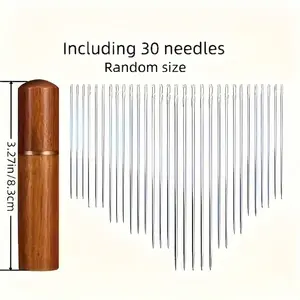 30Pcs Self-Threading Sewing Needles Assorted Sizes Easy Thread Hand Sewing Needles Side Threading with Wooden Holder for Adults Seniors Crafting Repairs No Squint Durable Stainless Steel