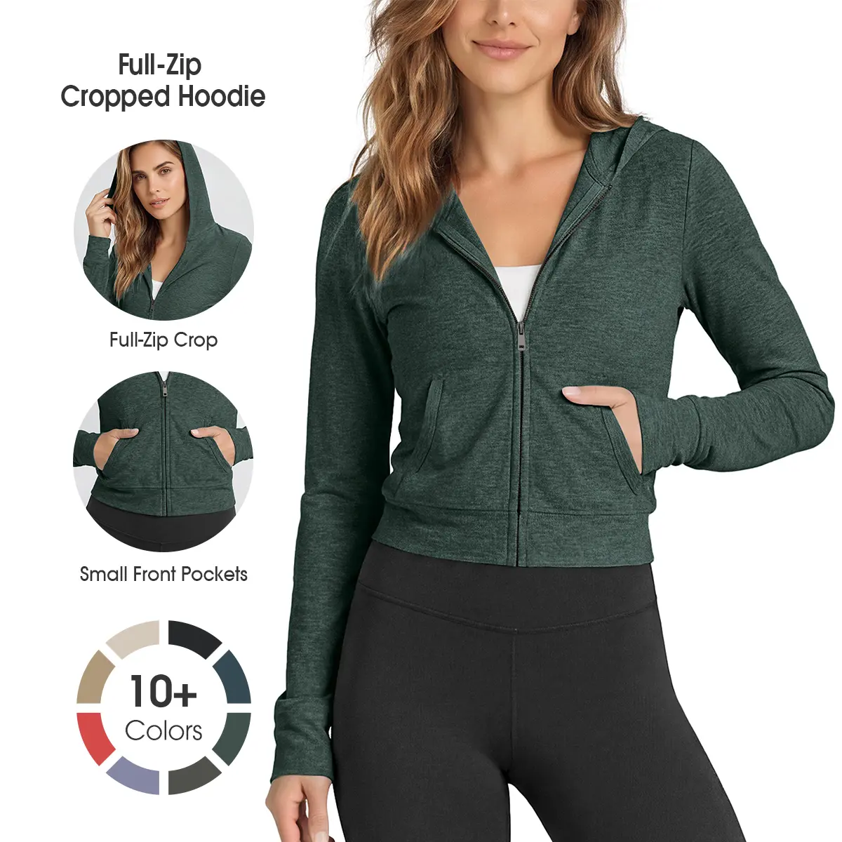 ODODOS Women's Full-Zip Cropped Hoodie Tops - odSTRATUM Tech Light Jersey Fabric, UPF 50+ Breathable Ultra Soft Hooded Jacket with Pockets, Thanksgiving, Valentines Day, Casual Wear, Elastane, Polyester Blend, V-Neck, Logo Tag, Athletic Women's Casual Jac
