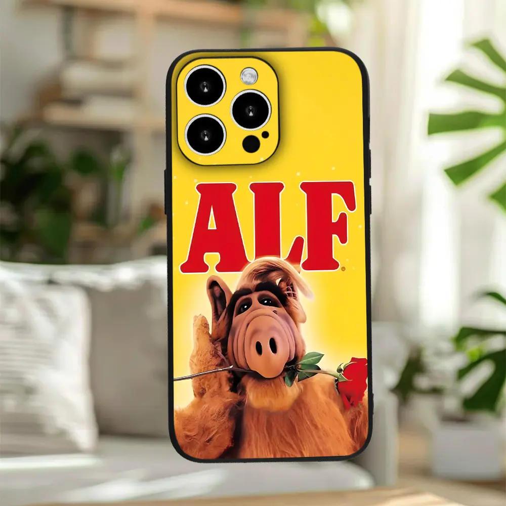 Phone Case - A Minimalist ALF Classic Cartoon Image Featuring a Cute Alien Creature with a Rose Print, a Full Black Phone Case Compatible with Phone 17 PRO MAX/11/12/13/14/15/15 Pro/15 Plus/15 Pro Max/X/Xs Max/Xr/11 Pro/12 Pro/13 Pro/14 Pro/12 Mini/