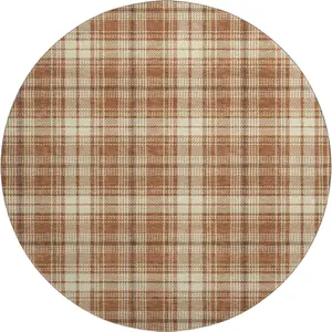 HomeRoots 678260 8 ft. Rust Beige & Brown Plaid Washable Round Area Rug with UV Protection