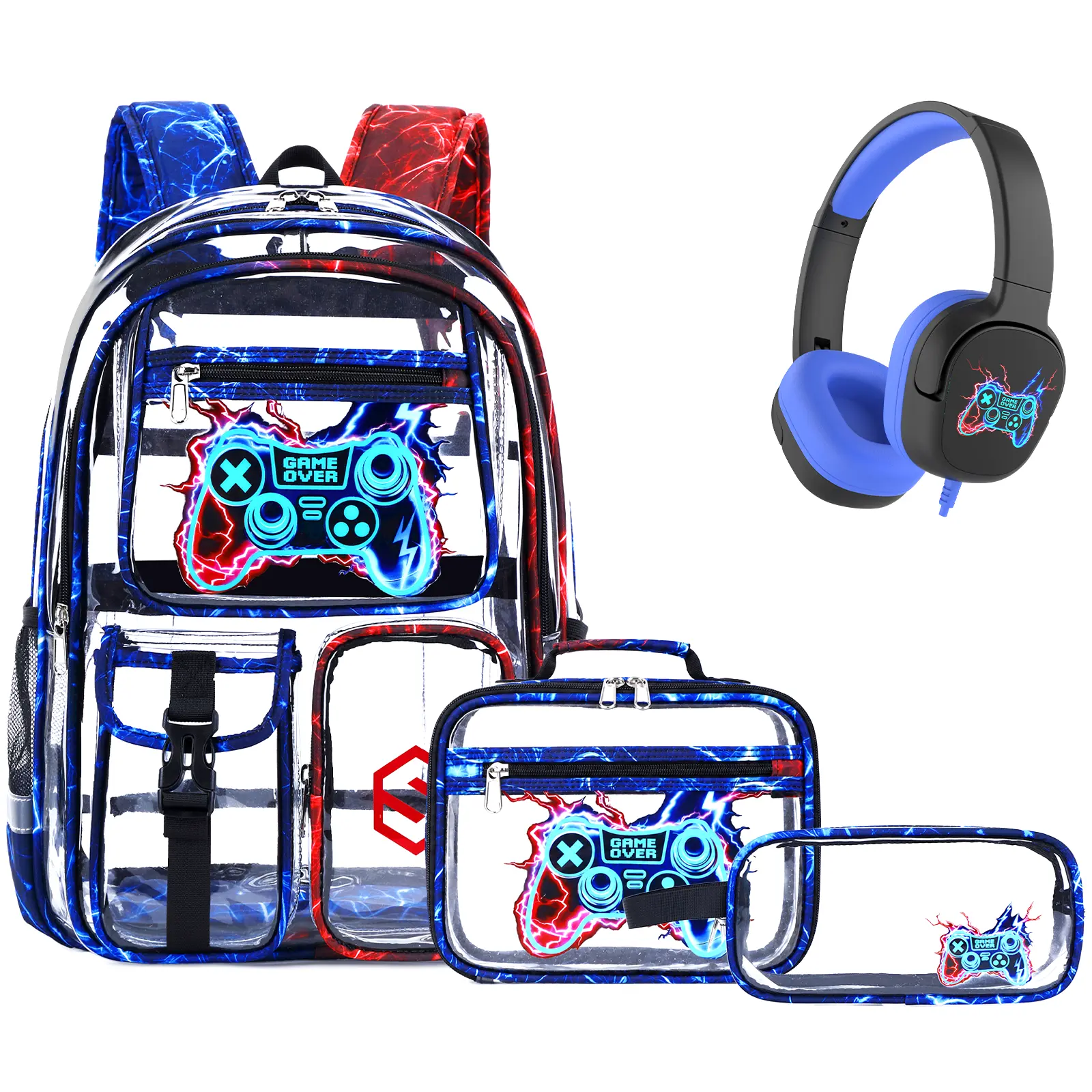 SIMILOVE Clear Backpack with Lunch Bag & Pencil Case/ Headphones, Transparent PVC School Backpack Heavy Duty for School Stadium Event Treval