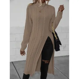 Fall Winter Mock Neck Sweater Khaki Cable Knit Split Hem Longline Long Sleeve Knit Pullover Knitwear Womenswear Basic Casual Tops