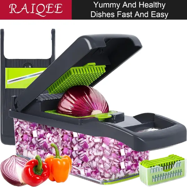 RAIQEE Multipurpose Chopper, Onion Chooper with Container- Fruits & Vegetable Cutter, Grater Peeler Chipser for Kitchen, Gadgets Utensils