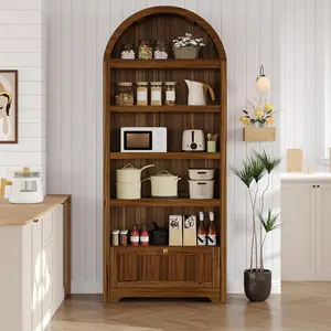 72 inch Tall Wood Arched Storage Cabinet Kitchen Pantry with Open Display and Drawer 6-Tier Standing Arched Bookcase and Cupboard with Adjustable Shelving for Living Room Kitchen Study Walnut