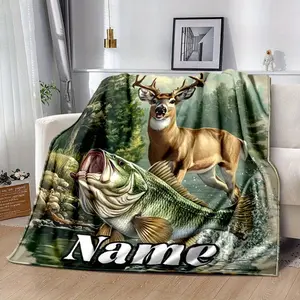 Custom Name Deer & Fish Design Blanket -  Soft Warm All-Season Throw for Home, Office, Camping - French Style Nature Scene Gift for Family & Friends, Deer Home Decor  DreamyDwell Textiles