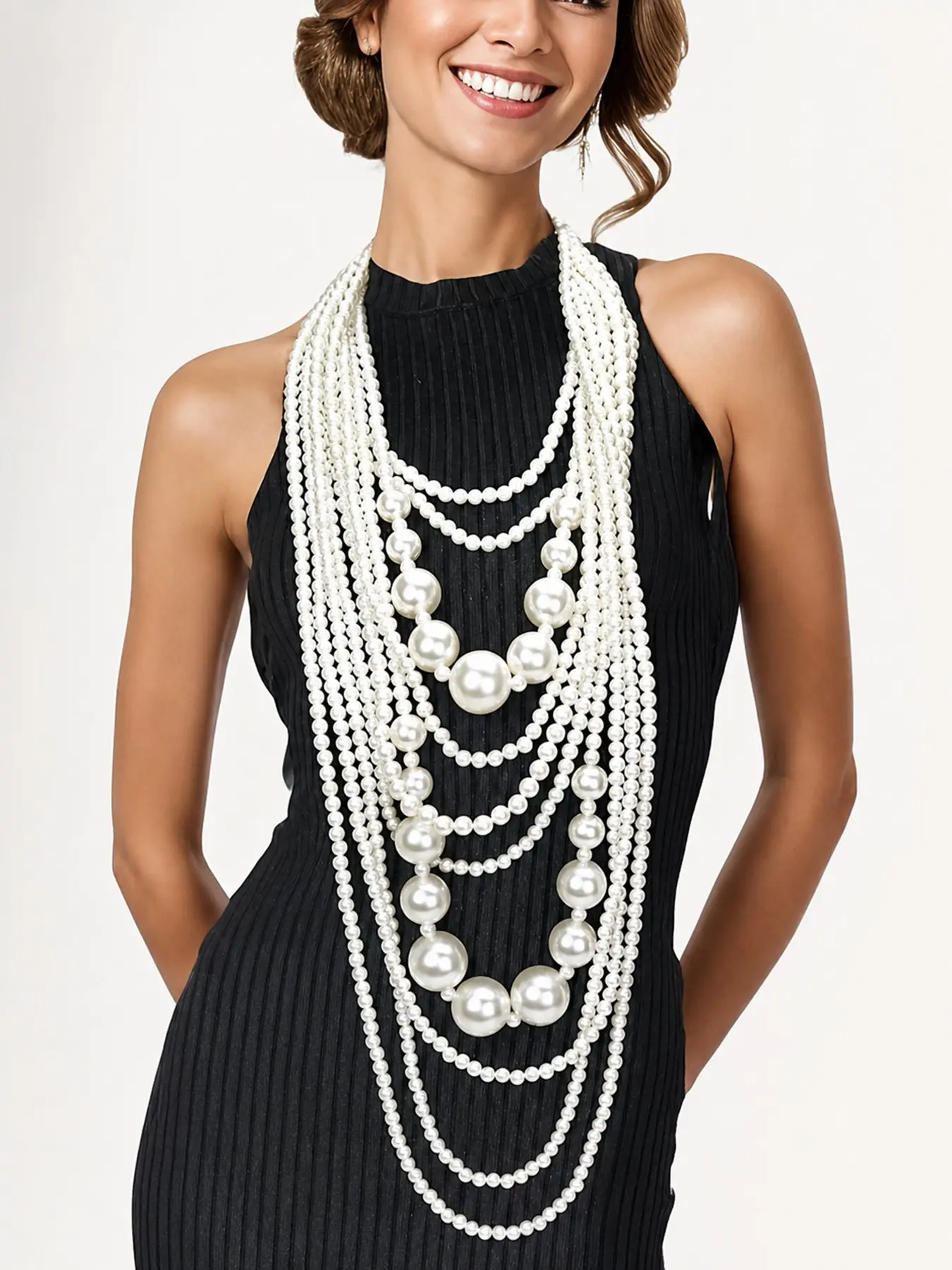 Multi-Layer Faux Pearl Statement Necklace for Women, Elegant Chain, Long Layered Beaded Necklace for Vintage Party Evening Dress Costume Accessories, Fashion Accessory Necklace, Costume Jewelry Necklace
