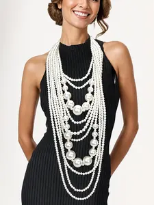 Multi-Layer Faux Pearl Statement Necklace for Women, Long Layered Beaded Necklace for Vintage Party Evening Dress Costume Accessories