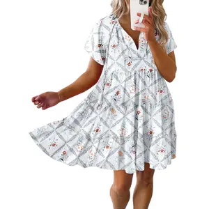 Dokotoo Womens Summer Casual Boho Floral Dresses V Neck Short Sleeve Flowy Swing A-Line Mini Dress
