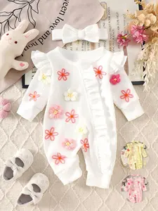 Ready Stock Baby Girl 2-Piece Outfit 3D Floral Embroidery Long Sleeve Single Breasted Design Romper & Bow Headband Set C293