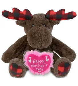 DOLLIBU Brown Plush Heart Stuffed Moose Toy - Super Soft Polyester, Embroidered Heart, Plaid Design, Mother's Day Gift, Mothers Day Gift