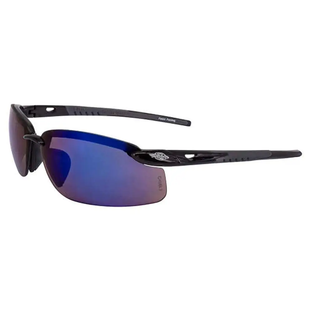 Crossfire ES5 Safety Glasses - Black Frame, Blue Mirror Lenses, Rubber Construction UV Protector, 99% UV Ray Protection, Dual Mold Rubber Temple Grips, Meets ANSI Z87.1+ Standards, Safety Goggles, Eye Shield, Outdoor Wear, Sport Look, Ansi Compliant, Bett
