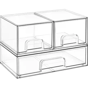 Stackable Storage Drawers Set of 3,Clear Plastic Organizer Bins for Makeup, Cosmetics, Beauty Supplies,Ideal for Vanity, Bathroom,Cabinet,Pantry Organization