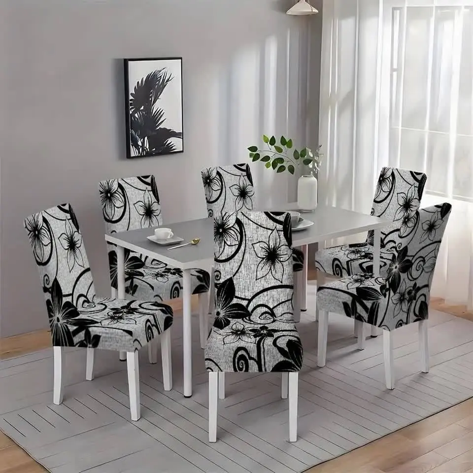 Grey Linen Black Floral Dining Chair Covers, Vintage Flower Stretch Parsons Chair Slipcovers 4PC/6PC