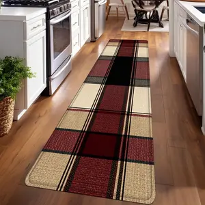 1PC， Burgundy Black Yellow British Plaid Patterned strip rugs, home décor, bathroom mats, entryway mats, bathroom non-slip mats, indoor entrance rugs, bedroom bedside mats, kitchen mats, hallway rugs, flannel sponge rugs, hallway runner rugs