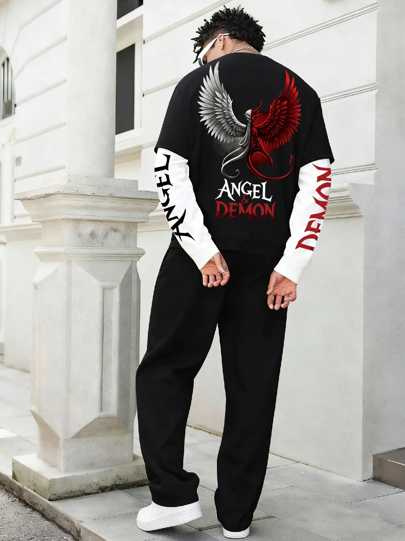 Men's Spring Fall Two-Piece Angel Demon Print Set, Dark Aesthetic Street High-Street Style, Fitted Long Sleeve Design, Loose Straight Pants